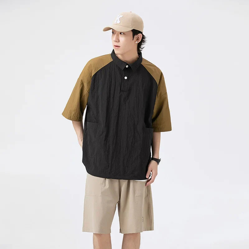 saferido Couple Japanese Shirt Harajuku Oversized Short Sleeve Shirt for Men Women Hawaiian Contrast Stitching Polo Geometric Streetwear
