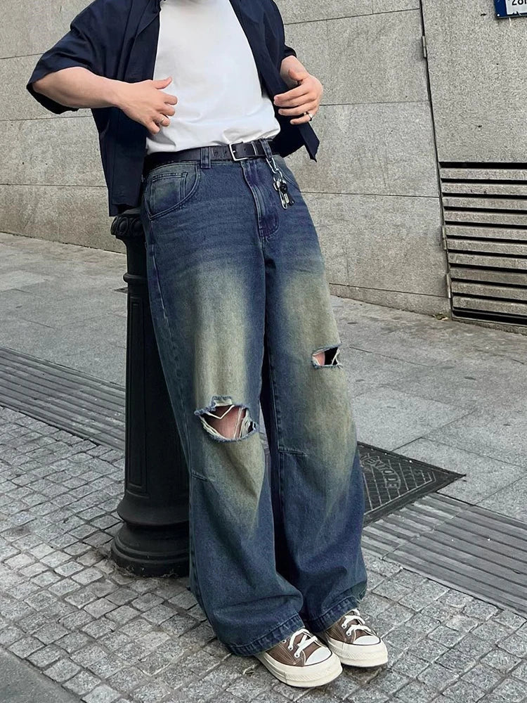 Vintage Blue Baggy Wide Leg Jeans Men Washable Casual Pants Y2k Worn Out Straight Loose Pants Hiphop Trendy Street Men'S Clothes