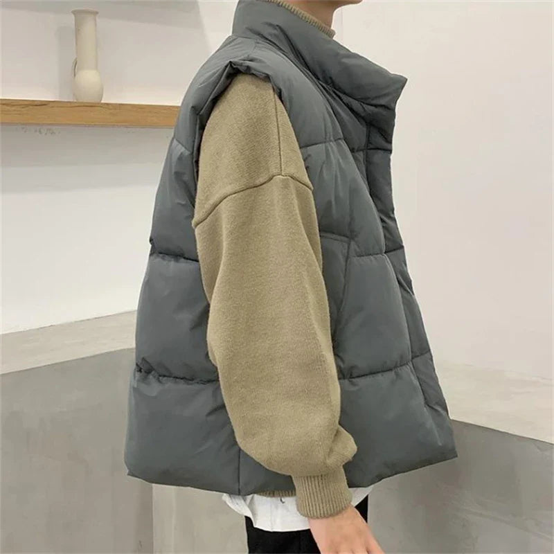 saferido Casual Men Waistcoat Loose Stand Collars Sleeveless Zipper Vest Coats Autumn Winter Korean Chic Streetwear Man Coats
