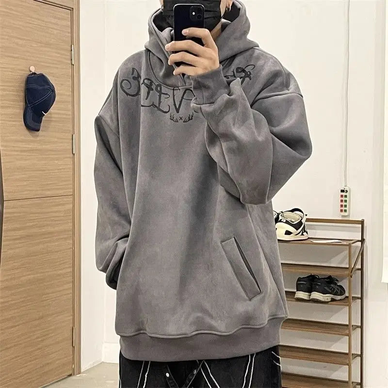 saferido Suede Hooded Sweater Men's Autumn/Winter New Trend Handsome American High Street Loose Casual Hip Hop Pullover Coat
