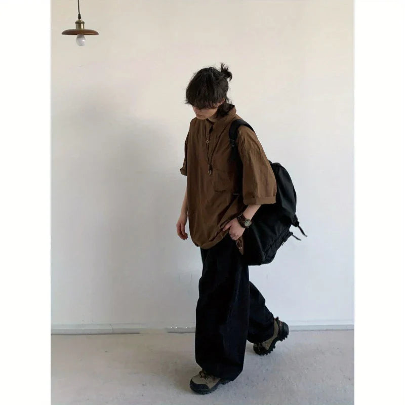 New Summer Japanese Mens Set Harajuku Mid Sleeved Trendy Shirt+ Wide-leg Cargo Pants 2-pcs Thin Casual College Male Suit