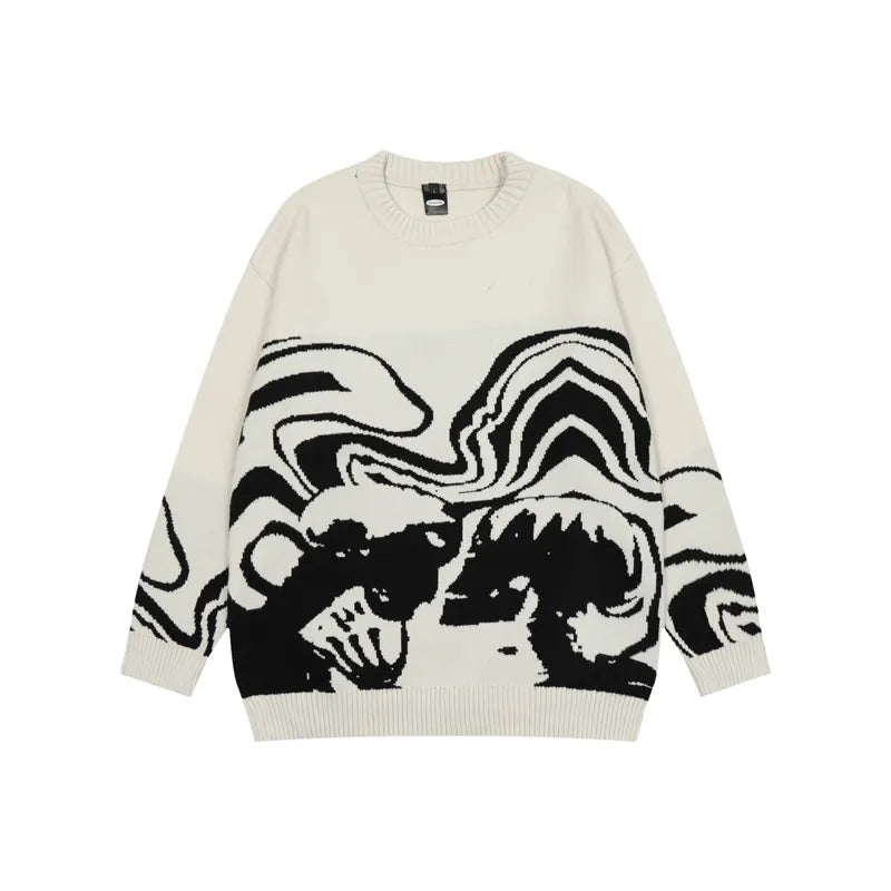 Lovers Print Spliced Streetwear Retro Pullover Men's Sweaters Round Neck Hip Hop Harajuku Knitted Autumn Clothes Oversized
