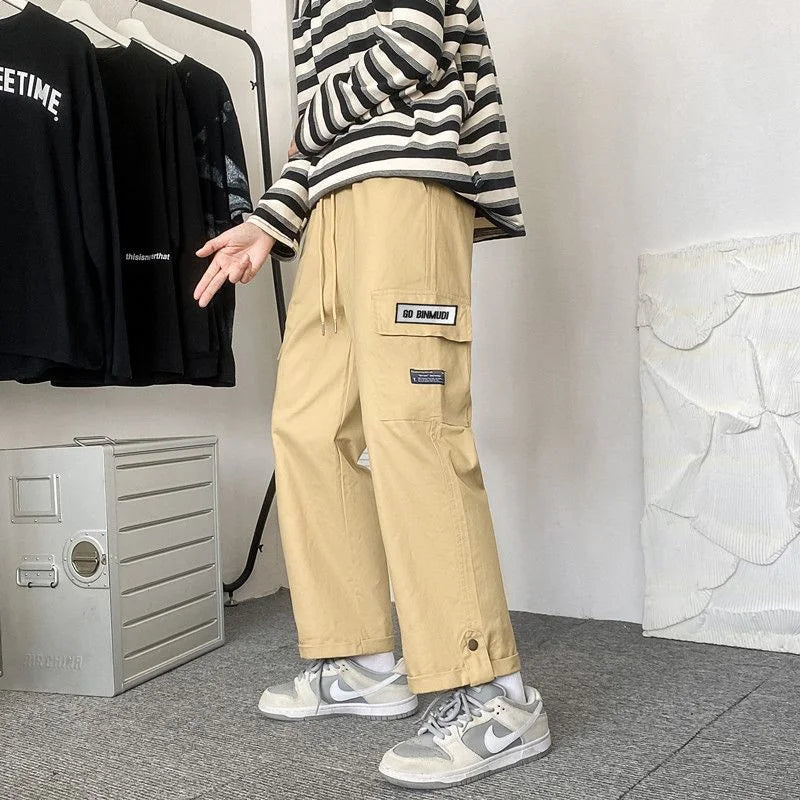 saferido Spring Autumn Casual Print Patchwork Cotton Wide Leg Pants Man Loose Y2k Pocket Hip Hop Cargo Straight Male Trousers Streetwear