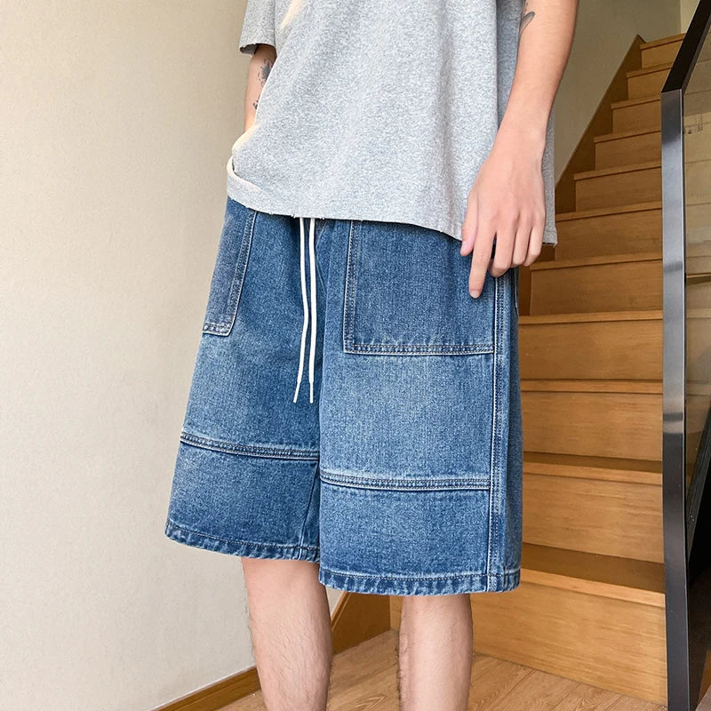 saferido Summer New High Street Casual Versatile Denim Capris Elastic Waist Men's Korean Style Loose Wide Leg Large Pocket Shorts