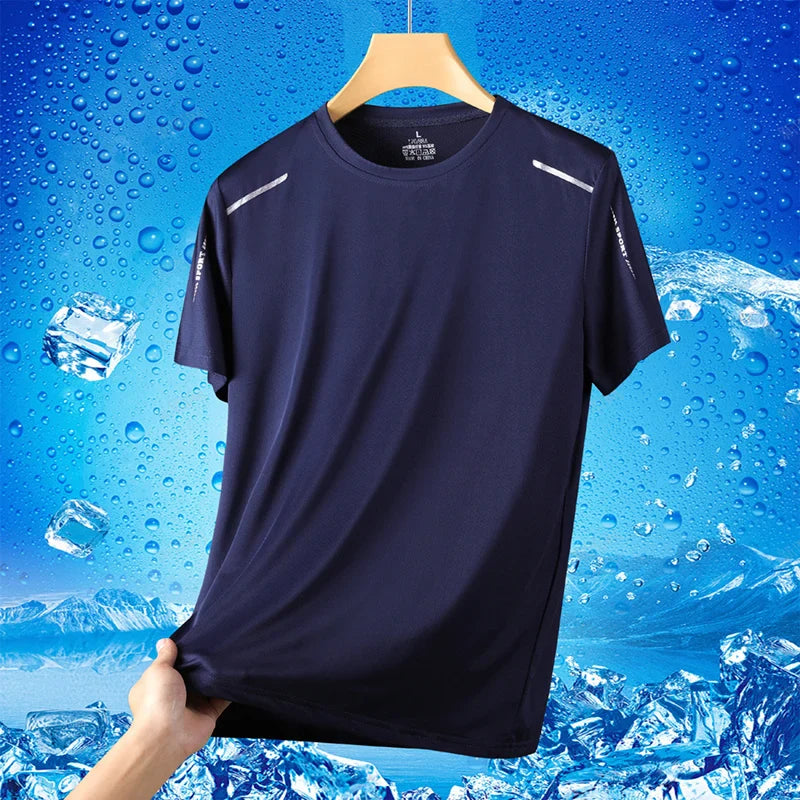 Ice Silk Short Sleeves Men's Summer Thin Sports Top Cool T-shirt, Elastic Mesh Breathable Outdoor New Quick Drying T-shirt