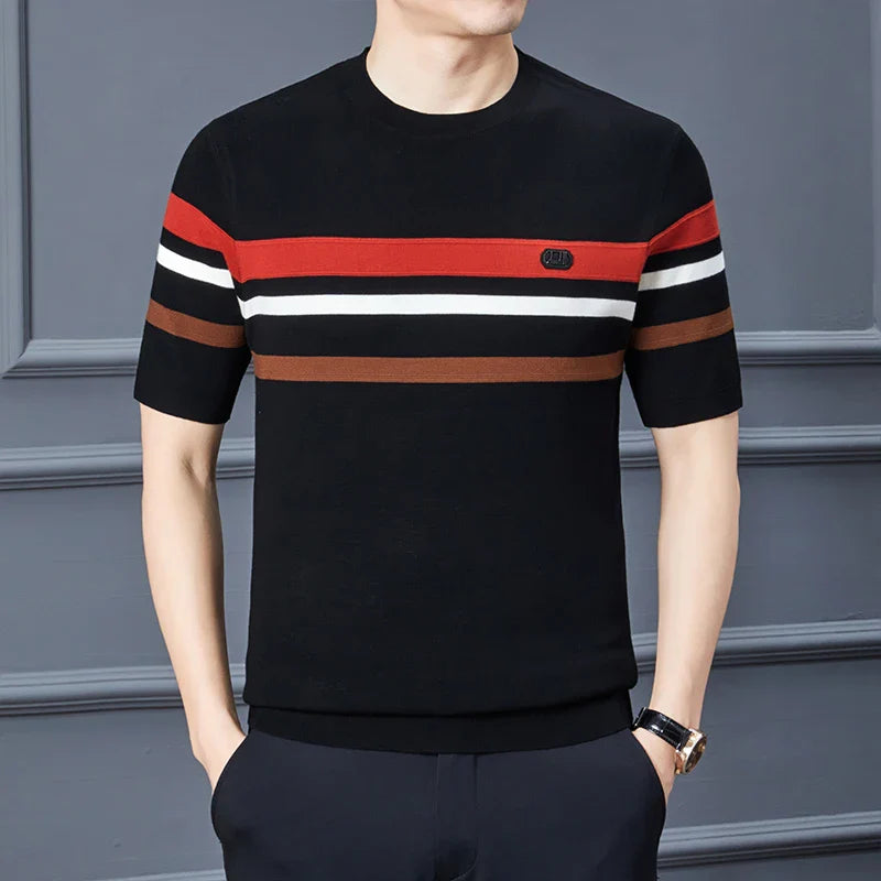 saferido Round Neck Men's Knitwear Spring 2024 Silk Velvet Half Sleeve Thick T-shirt Business Gentleman