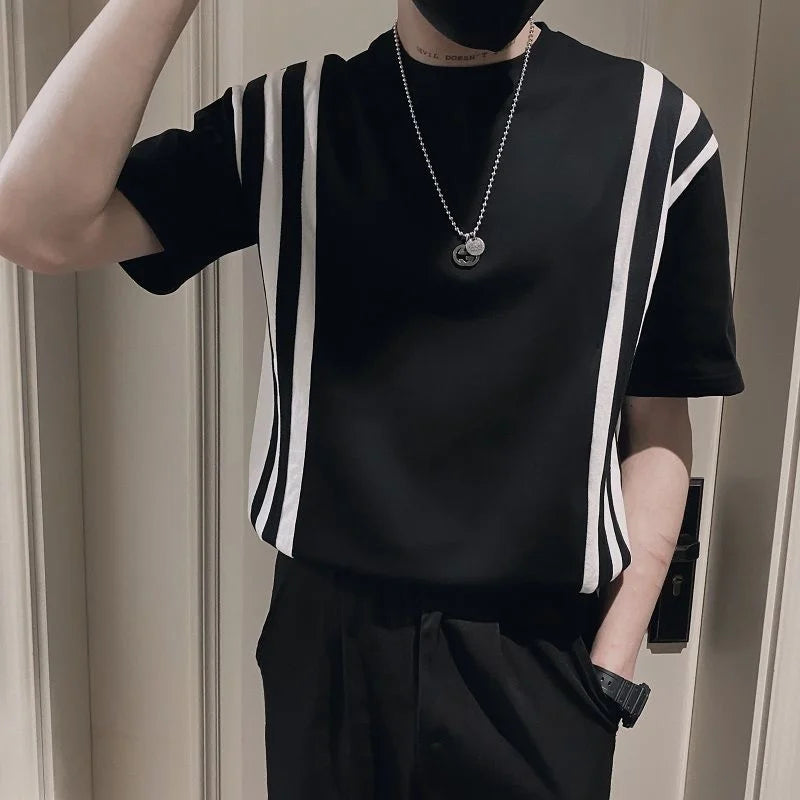 saferido Summer Men's Social Simple Fashion T Shirts Korean Style Round Neck Stripe Printing Tshirts Short Sleeve Black T-shirt