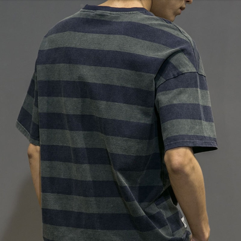 Men's Clothing Round Neck Short Sleeve Korean Version Youth Trend Striped Printed Fashion Casual Cotton Loose T-shirt