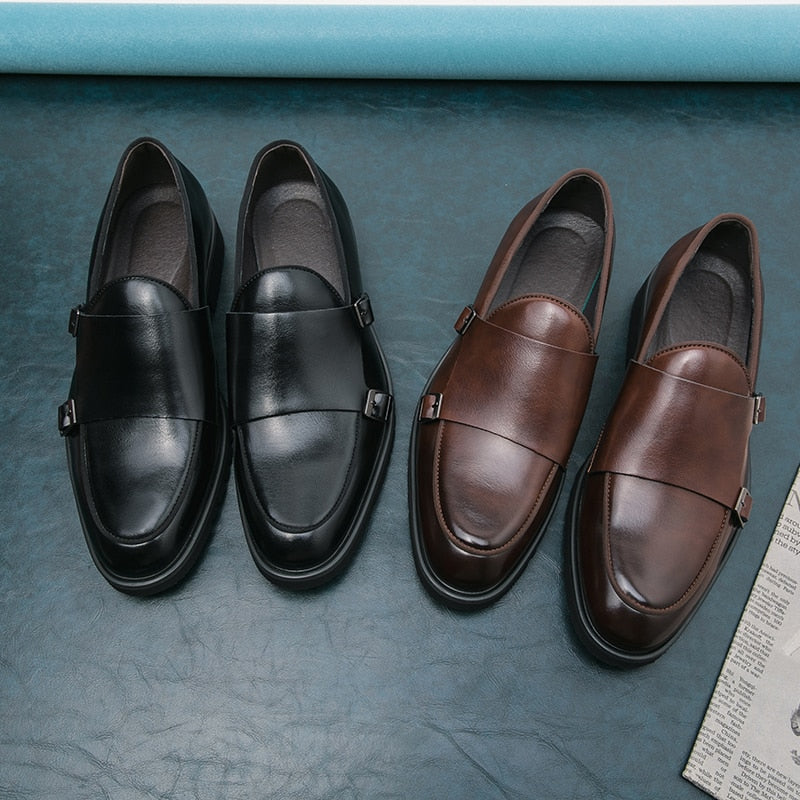 saferido Men Fashion Formal Shoes Handmade Monk Shoes Derby Dress Leather Shoe Gentleman Double Buckles Monk Shoes Pointed Wedding Shoes