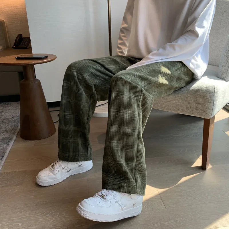 saferido Men Checkered Casual Pants Loose Straight Corduroy Pants Sweatpants Man Fashion Streetwear Spring New Hip Hop Trousers