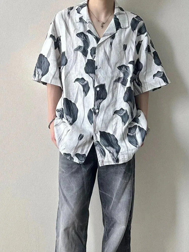 saferido Men's Shirts Y2k Print Vintage Handsome Korean Beach Style Hawaiian Single Breasted Vocation Baggy All-match Summer Short Sleeve