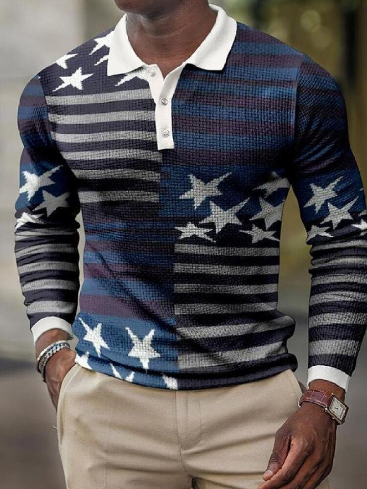 Spring Casual Printed Polo Shirts Men's Fashion Turn-down Long Sleeve Polo Shirt For Men New Autumn Buttoned Slim Fit Tops