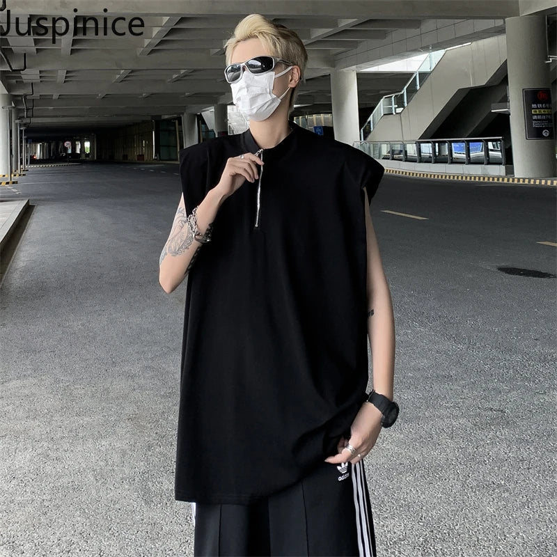 saferido American Cotton Half-zip Vest Couple Niche Shoulder Pads Loose Casual High Street Sleeveless T-shirts Men Tops Male Clothes