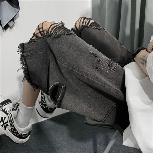 saferido New Style Ripped Denim Shorts Men's Clothing 2024 Summer Five-point Korean Casual Youth Straight Trousers Boutique Clothing