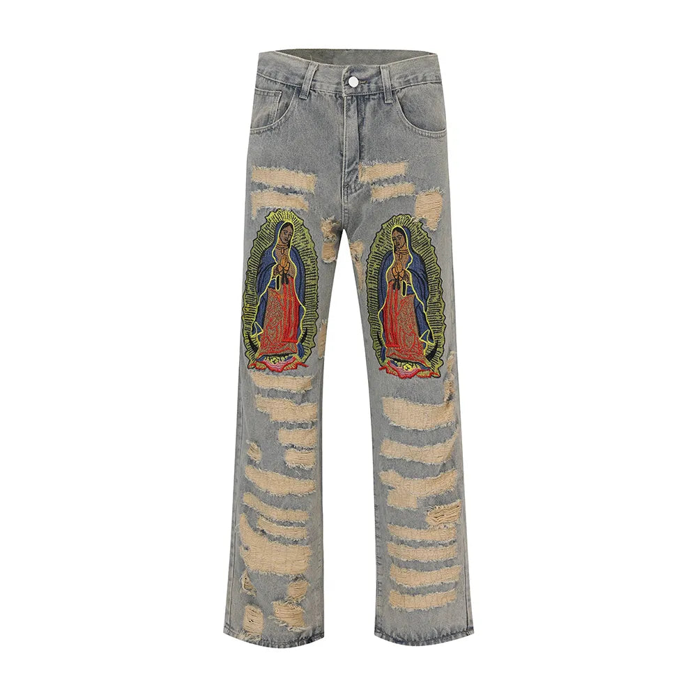 Y2K Hole Distressed Embroidery Baggy Denim Trousers Unisex Straight Hip Hop Loose Jeans Ripped Casual Men's Cargo Panrs Oversize
