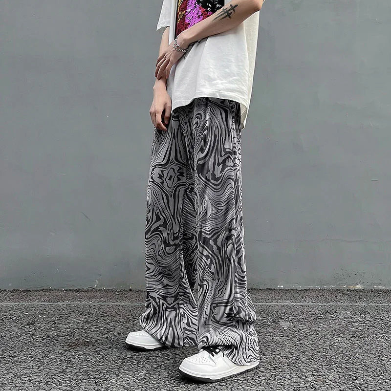 saferido Casual Ice Silk Mopping Pants Men Four Seasons Fashion Sports Trousers Thin Printed Loose Pants Straight Wide Leg Pants Oversize