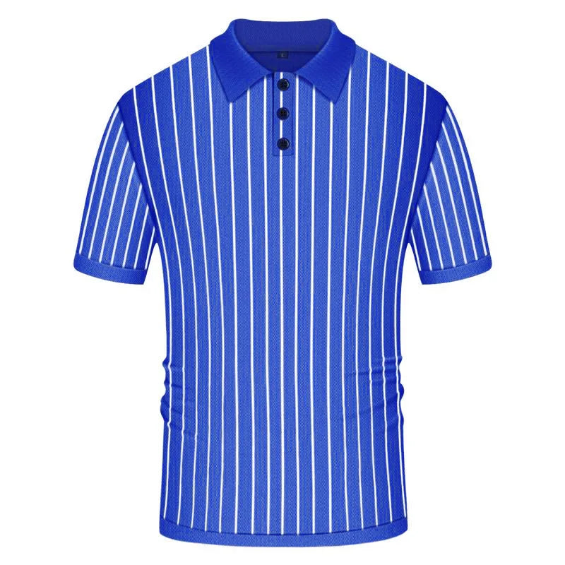 Men's Summer Casual Stripe Shirts Knitted Vintage British Breathable Patchwork Short Sleeve Jacquard Business Polo Shirt