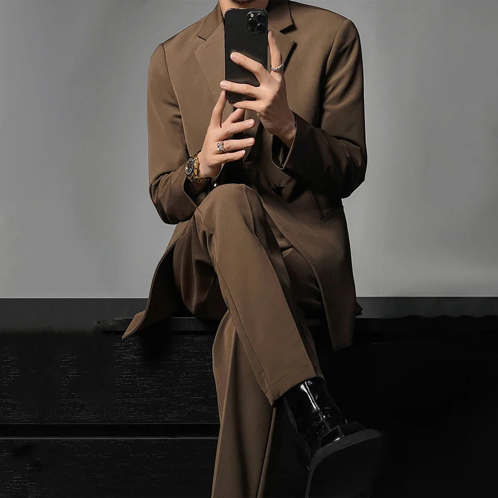 saferido Mens autumn British style retro metal buckle suit suit elegant slim, business temperament light luxury casual suit and trousers