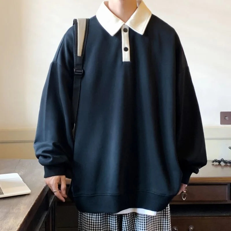 Autumn Lapel Hoodie Men Fashion Black Green Casual Oversized Sweatshirt Men Streetwear Hip Hop Loose Pullover Hoodies Mens Hoody