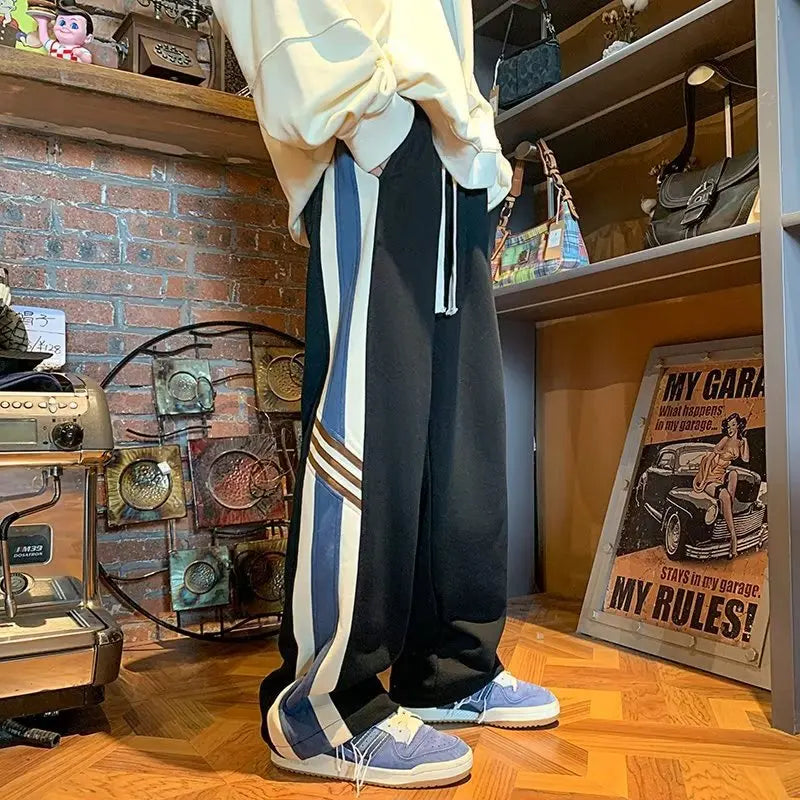 saferido Spring American Fashion Color Contrast Striped Casual Pants Men's Loose Straight Sports Pants Trendy Wide-leg Pants M-3XL