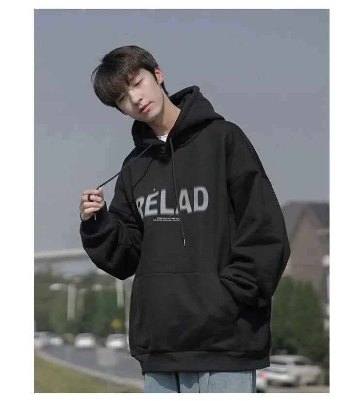 Autumn Men Fleece Hoodies Fashion New Pullovers RELAD Letter Print Hooded Sweatshirt Casual Tracksuit Loose Male Streetwear Tops