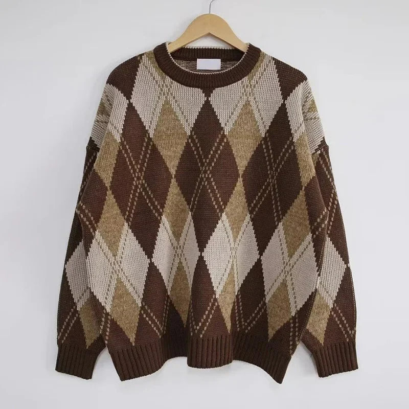 saferido Argyle Sweater Pullover Men's Christmas Grandpa Sweater Korean Casual Vintage Retro Clothes Autumn Streetwear Harajuku