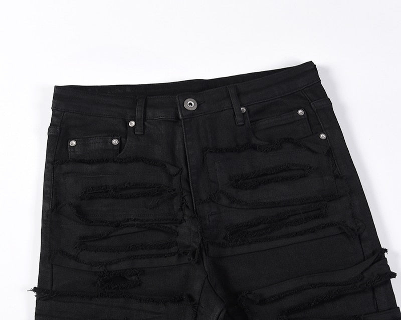 Heavy Industry Hole Frayed Destruction Waxed Jeans Mens High Street Retro Straight Ripped Pencil Pants Oversize Denim Trousers