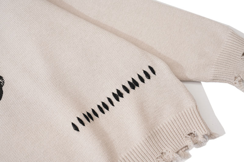 Hip Hop Knitted Sweaters Men Harajuku Vintage Hole Ghost Graphic Jumpers Streetwear Punk Casual Oversized O-Neck Pullover Unisex