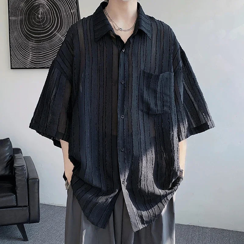 saferido Spring Summer Men's Solid Shirts Short Sleeve Harajuku Style Cardigan Casual Blouses Male Plus Size Lapel Shirt