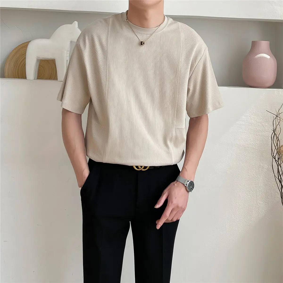 Summer New Luxury T Shirts Men Short Sleeve O-neck Cool Texture Korean Style Loose Casual solid color Bottoming T-shirt Men