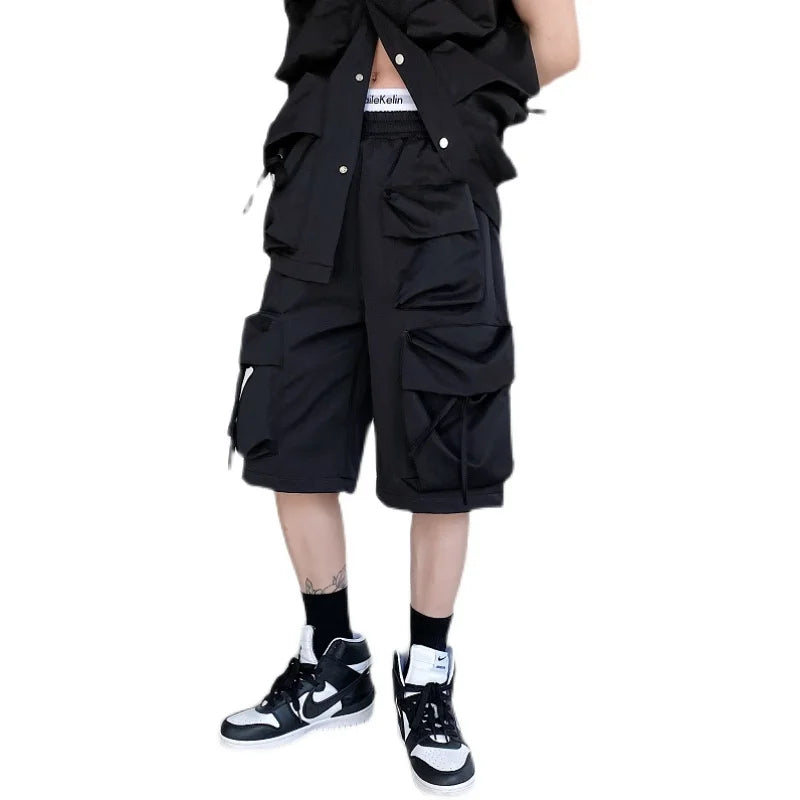 saferido Summer Korean style personality patch pocket cargo Shorts Men casual loose black work shorts size M-XL