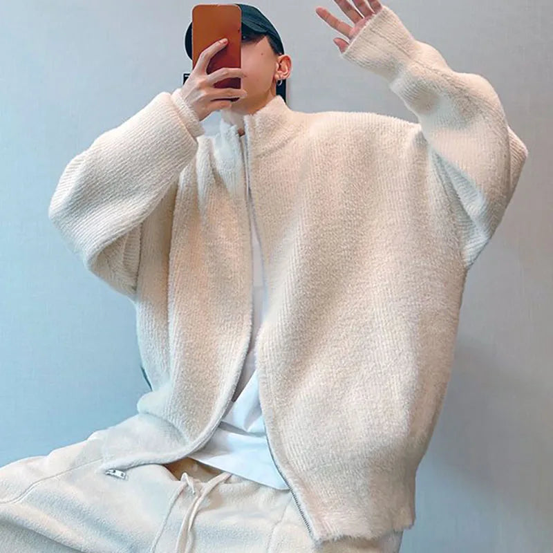 saferido Winter Men Loose Zipper Cardigan Sweater Korean Fashion Handsome Simplicity Warm Sweater Male Thicken Casual Sweater Coat