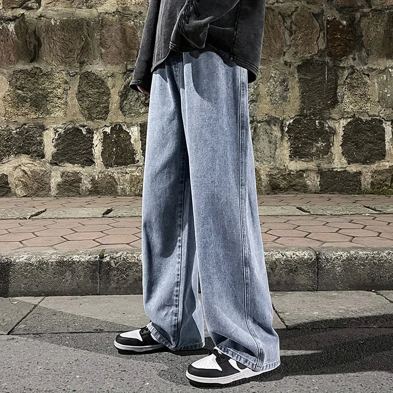 Korean Fashion Men's Baggy Jeans Elastic Waist Classic olid Color Straight-leg Denim Wide-leg Pants Male Light Blue Grey Black