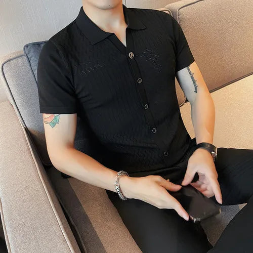 saferido Korean Style Men's Summer Casual Short Sleeves Knitted Polo Shirts/Male Slim Fit Business Fashion Stripe POLO Shirts S-4XL