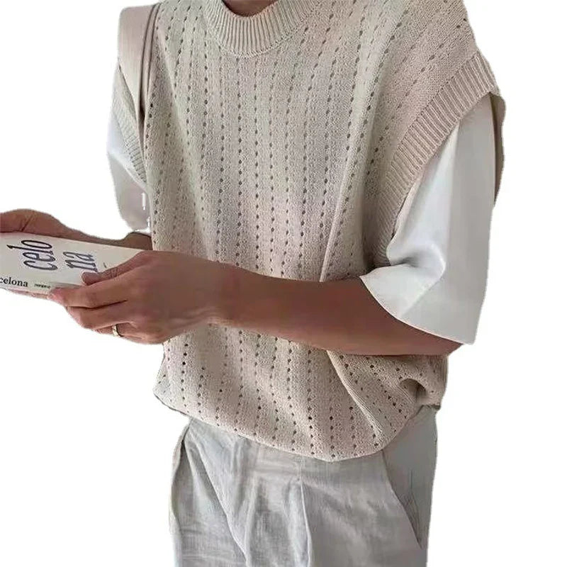New Streetwear Fashion Mens Knitted Camisole Sleeveless O Neck Casual Tank Tops Knit pure Color Men Summer Leisure Knitting Vest