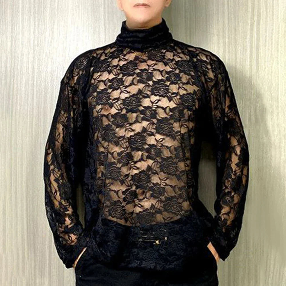 saferido Mens Spring Autumn Lace Transparent Sexy Rose High Neck Long Sleeve T-Shirt Genderless Hollow Breathable Jacquard Top Unisex