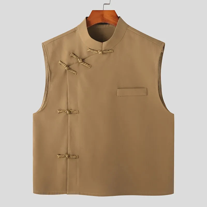 Men Shirt Solid Stand Collar Sleeveless Vintage Chinese Style Knot Button Men Clothing Summer Casual Vests S-5XL