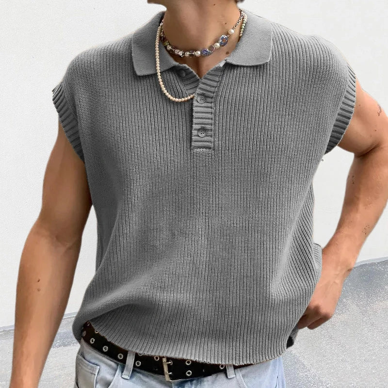 Solid Knitting Tops Men Sleeveless Buttoned Turn-down Collar Knit Vest Shirts Spring Summer Men's Clothing Fashion