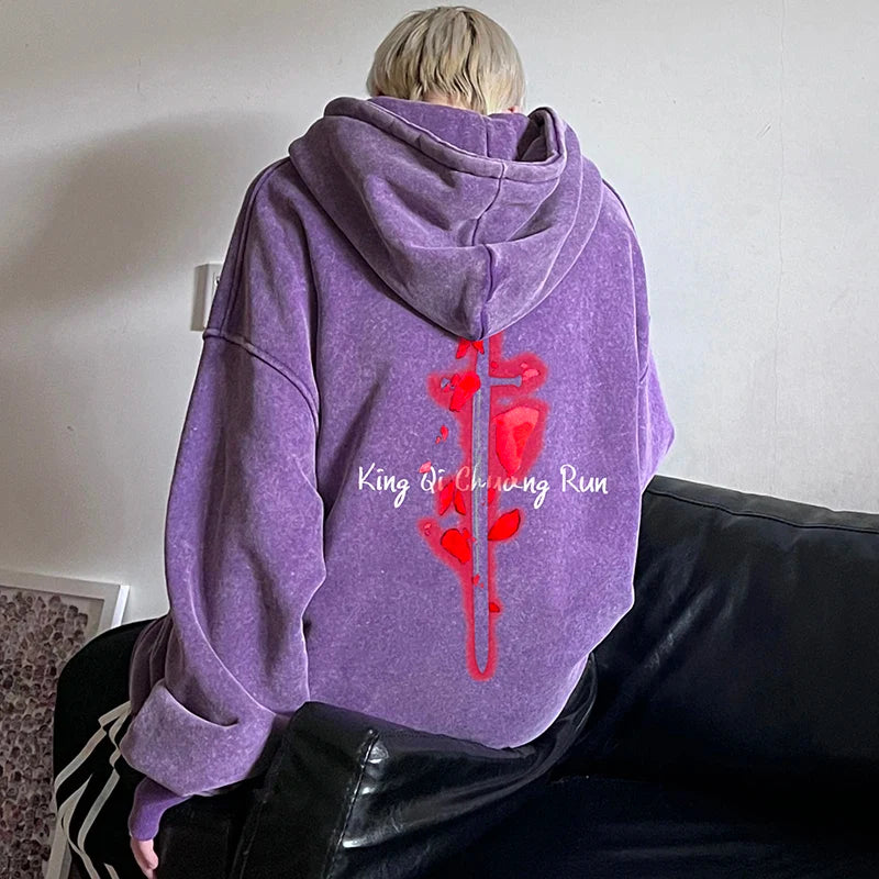 saferido Men's Multi-color Sweatshirt American Retro Washed and Old Hoodie Autumn and Winter Couple's Model Loose Top Sleeve Tops