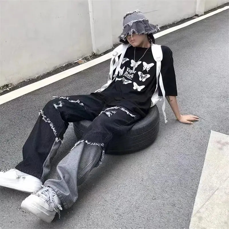 saferido Mens Jeans Pants With Hole Casual Vintage Straight Leg Korean Fashion Streetwear Harajuku Trousers