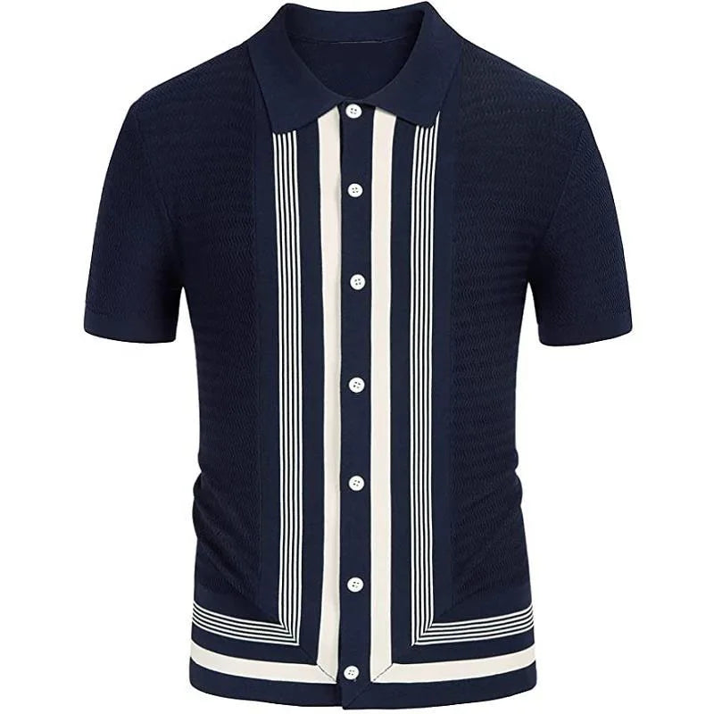 Men's Summer Casual Stripe Shirts Knitted Vintage British Breathable Patchwork Short Sleeve Jacquard Business Polo Shirt