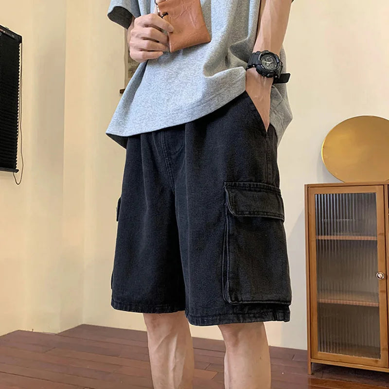 saferido Summer Men Denim Short Streetwear Vintage Korean Harajuku Pocket Jeans Shorts Hip Hop Cargo Pants Oversized Bottoms Male Clothes