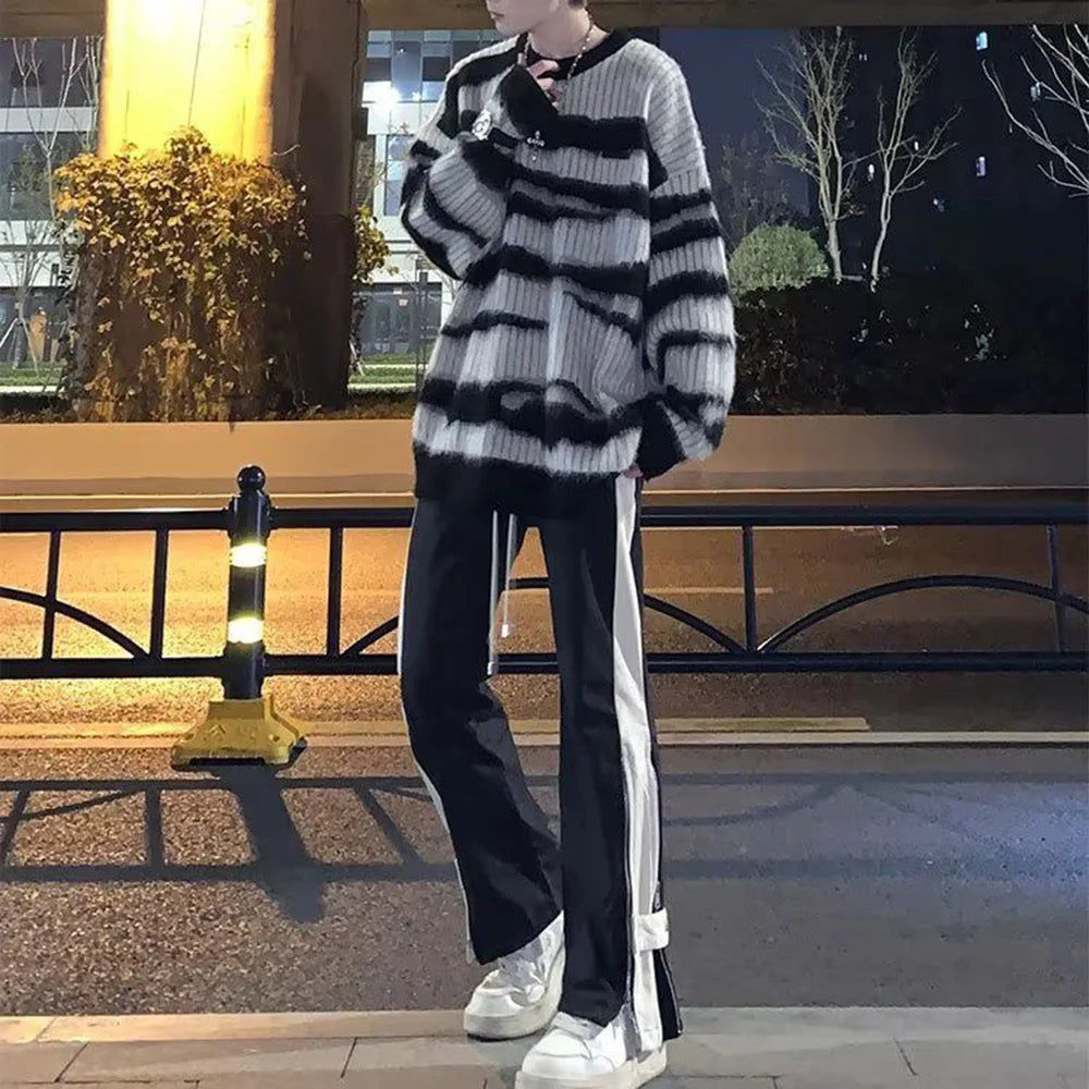 saferido Mens Thin Knitted Sweater Daily Personality Trend Casual All-Match Soft Contrast Striped Top Men'S Clothing 2024 Spring Autumn