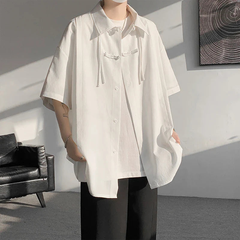 saferido Men's Casual Blouse Long Sleeve Tee Shirt Y2K Vintage Oversized Blouses Chinese Style Baggy Button Up Shirt