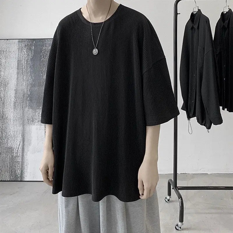 Summer Ice Silk T Shirt for Men Short Sleeve Solid Color Vertical Stripe American Loose Round Neck Half Sleeve Oversized T-shirt