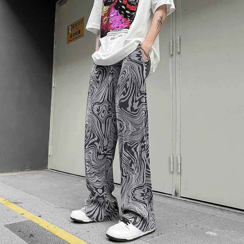 saferido Casual Ice Silk Mopping Pants Men Four Seasons Fashion Sports Trousers Thin Printed Loose Pants Straight Wide Leg Pants Oversize