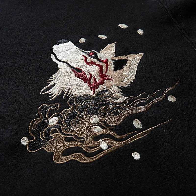 Men Streetwear Fleece Hoodie Sweatshirt Embroidery Flower Chinese Kanji Pullover Winter Harajuku Cotton Hooded Hoodie