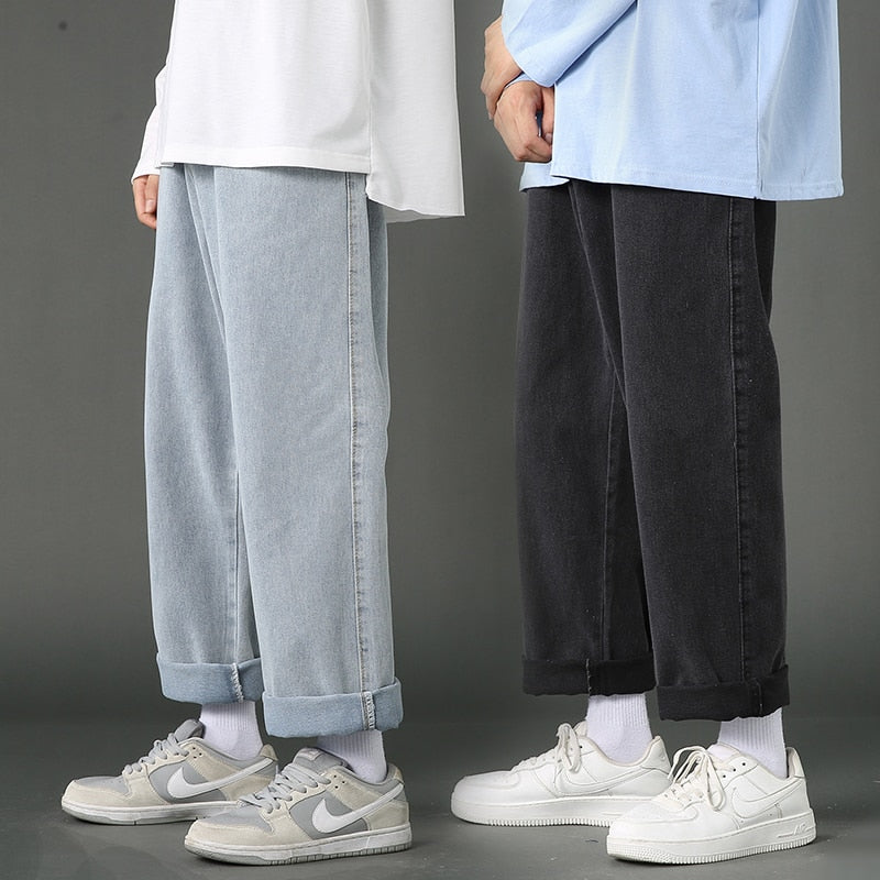 Street Casual Baggy Jeans Men's Korean Fashion Hip Hop Straight Wide Leg Trousers Couple Denim Pants Black Light Blue