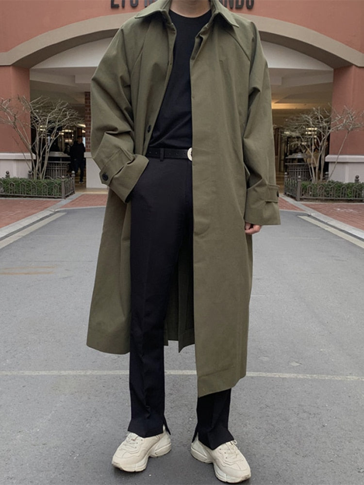 Spring Autumn Long Oversized Black Khaki Trench Coat Men Raglan Sleeve Single Breasted Loose Casual Korean Fashion
