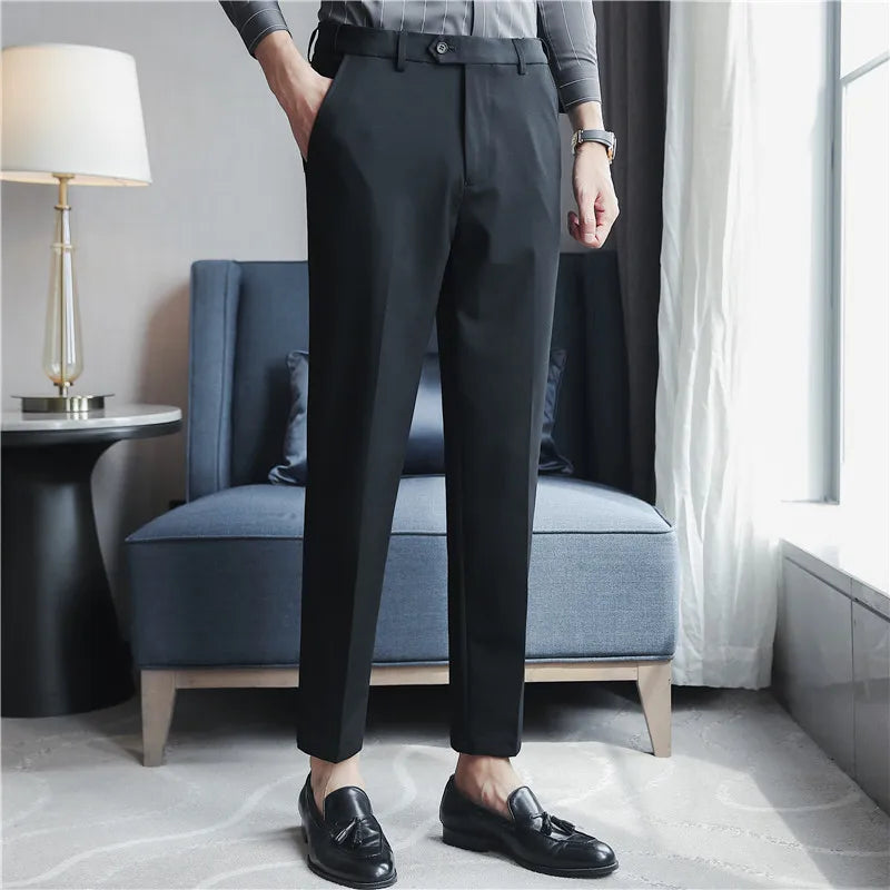 saferido British Style New Solid High Waist Suit Pant Men Business Formal Wear Trousers High Quality Slim Casual Office Suit Pants 28-38